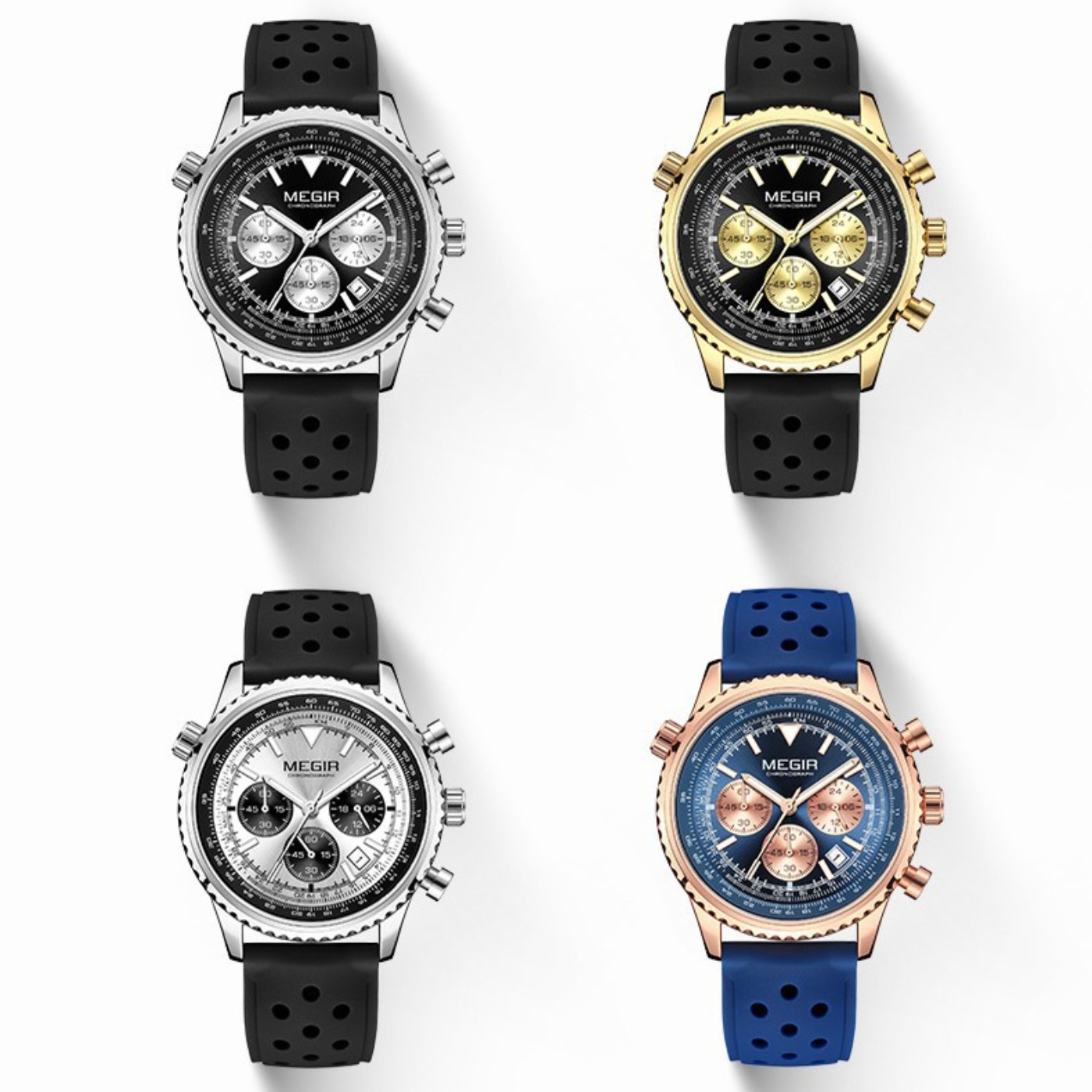 Leather Watch Strap - MEGIR Silver Black Quartz Watch Men